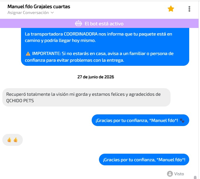 Captura del mensaje de Manuel agradeciendo a QCHIDO PETS por la experiencia de su mascota.